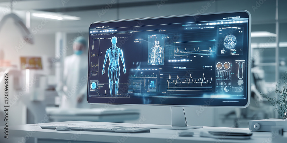 Poster a futuristic computer display showing detailed medical diagnostics and anatomical data in a modern, 