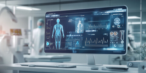 A futuristic computer display showing detailed medical diagnostics and anatomical data in a modern, clean laboratory setting, representing advanced healthcare technology