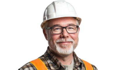 A smiling construction worker wearing a hard hat and safety vest, showcasing experience and professionalism in the building industry for teamwork.