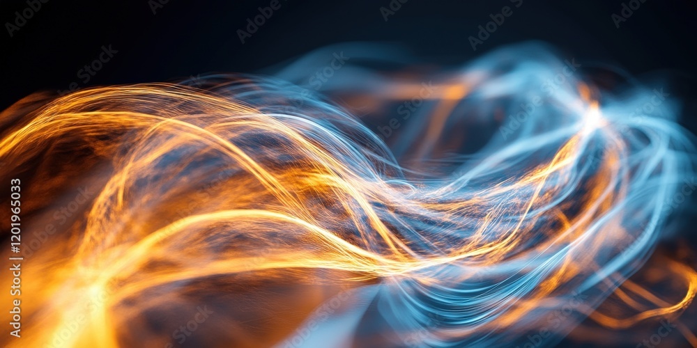 Poster dynamic flow of electric blue and fiery orange light waves in a smooth motion on a dark background f