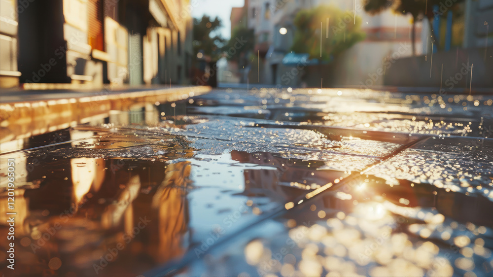 Poster sunlight dances on a rain-soaked pavement creating a mesmerizing urban tableau of reflections and te