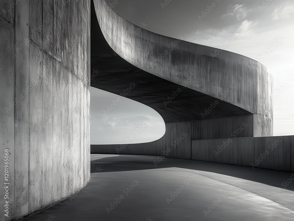 Poster abstract concrete structure with curved lines captured in a minimalistic style, showcasing modern ar