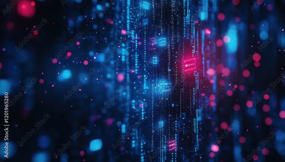 Poster abstract digital background featuring glowing particles, lines, and binary code in vibrant blue, red