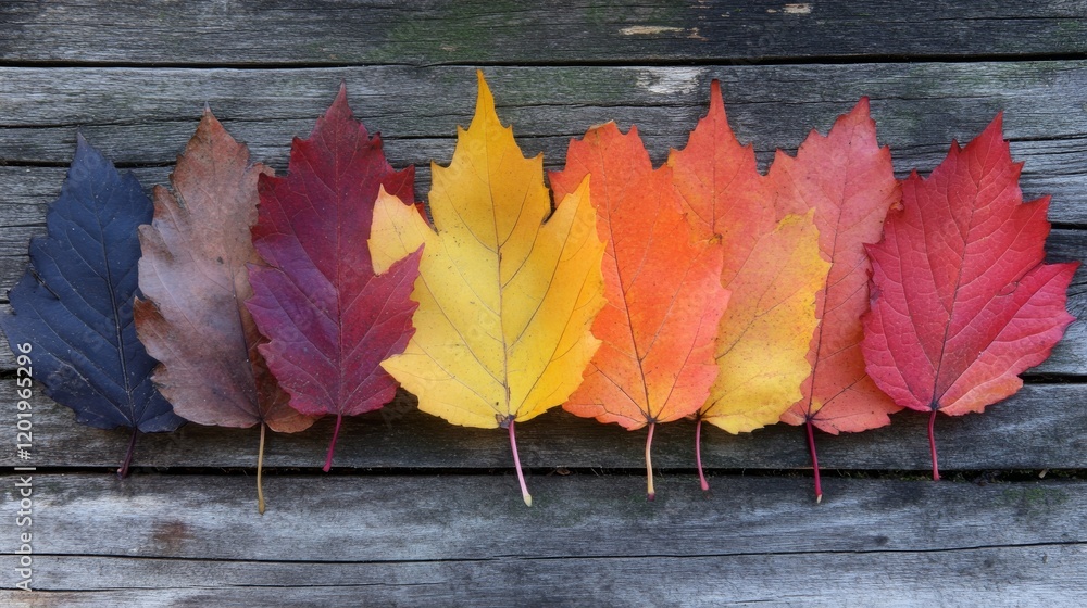 Poster autumnal spectrum: a gradient of maple leaves on weathered wood showing the color variations during 