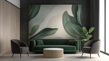 Modern living room with a large green sofa in the center. the sofa is upholstered in a dark green fabric and has two armchairs on either side.