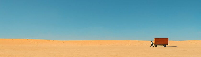Naklejka premium A solitary figure walks beside a small red truck in an expansive desert landscape under a clear blue sky.