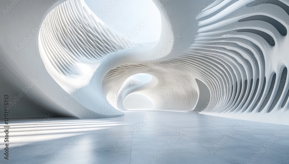 Poster abstract futuristic interior design featuring smooth curves and flowing lines, showcasing a minimali