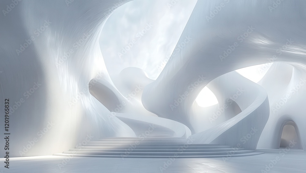 Poster abstract futuristic interior with smooth white surfaces and flowing shapes, creating a serene and op