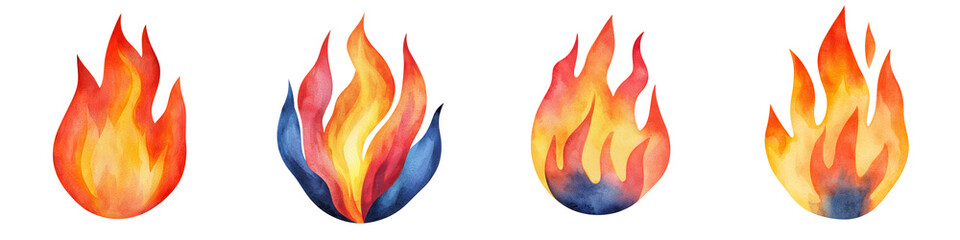 A series of colorful flame illustrations showcasing different shapes and designs, highlighting the dynamic nature of fire.