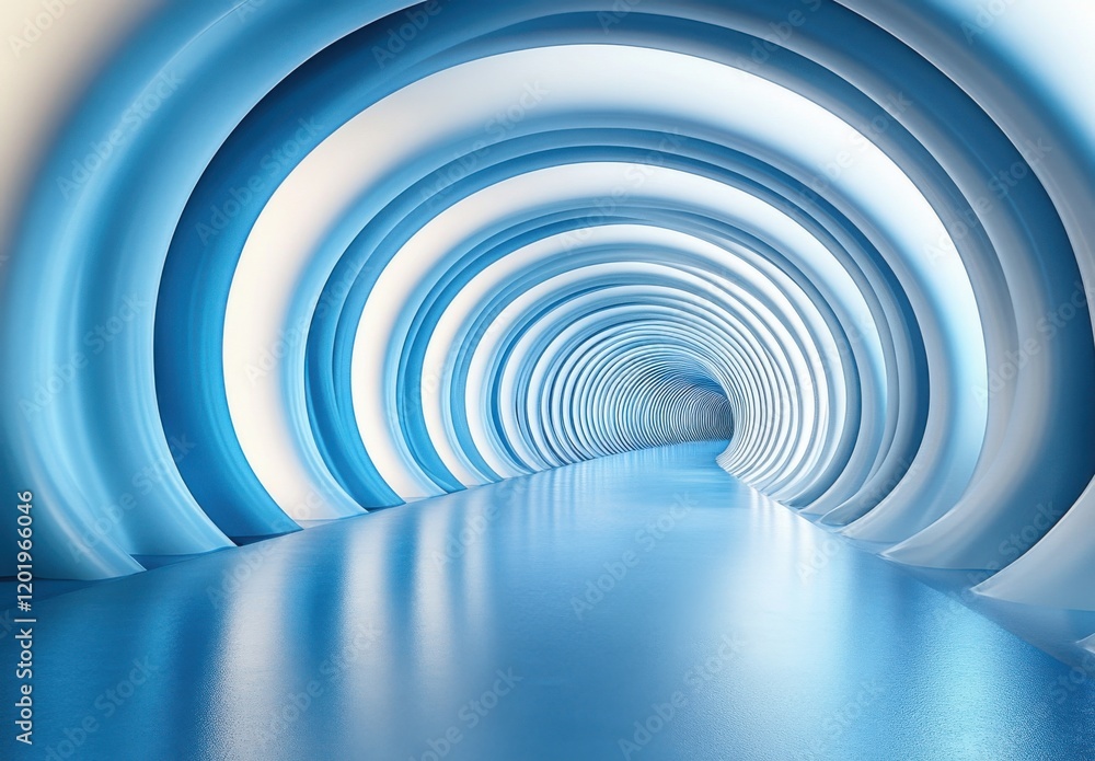 Poster abstract futuristic tunnel with smooth wavy surfaces in shades of blue, creating a serene and modern