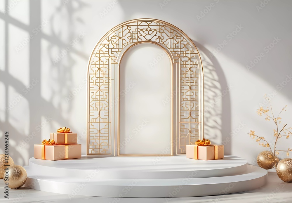 Poster 3d rendering with a light, white color theme, a podium display with a chinese-style screen door, lig