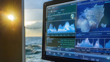 Monitoring real-time climate data with ocean view during sunset