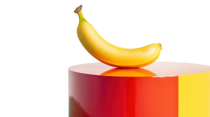 A vibrant yellow banana resting on a colorful geometric pedestal, showcasing a modern and artistic representation of fruit.