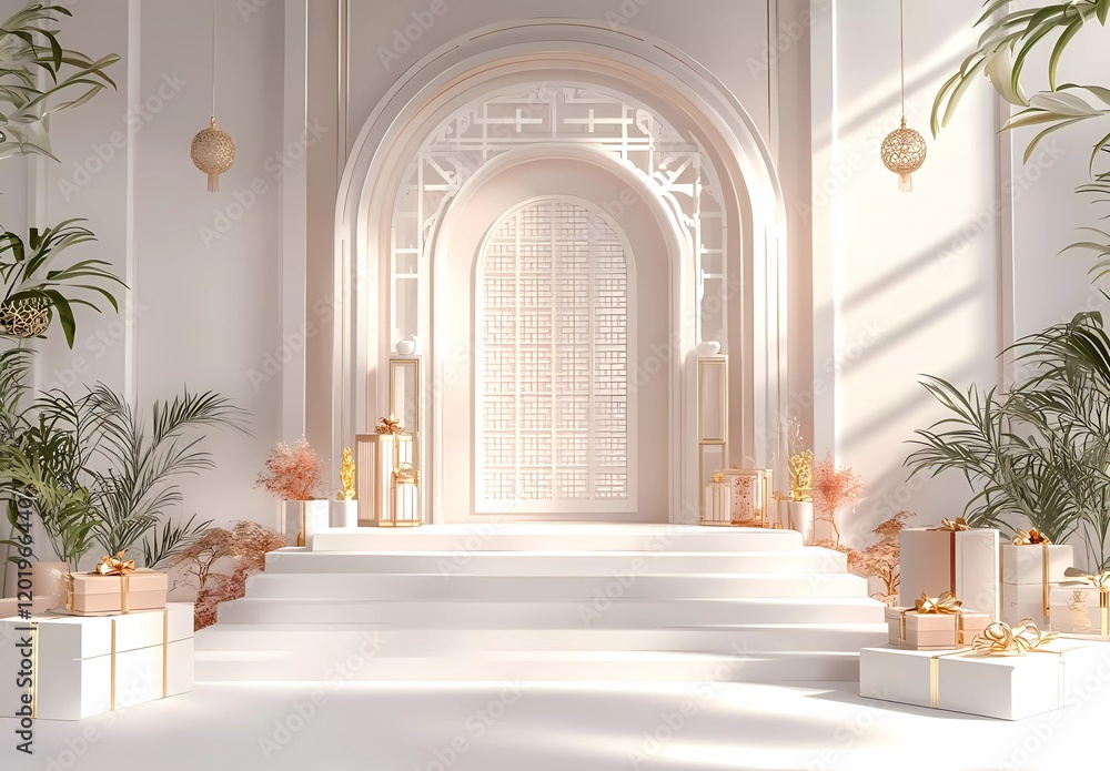 Poster 3d rendering with a light, white color theme, a podium display with a chinese-style screen door, lig