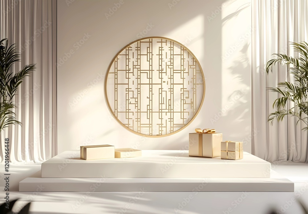 Poster 3d rendering with a light, white color theme, a podium display with a chinese-style screen door, lig