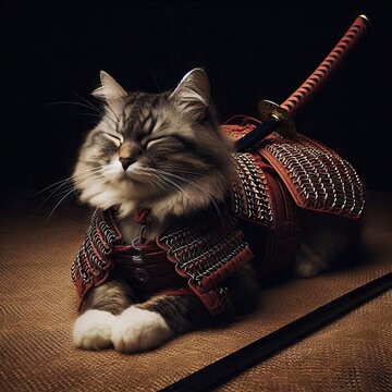 Samurai Cat in Traditional Armor,Feline Hero in Samurai Armor