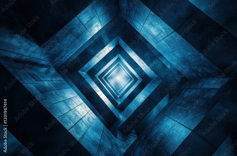Poster abstract geometric tunnel in blue tones with light at the end, creating a sense of depth and mystery