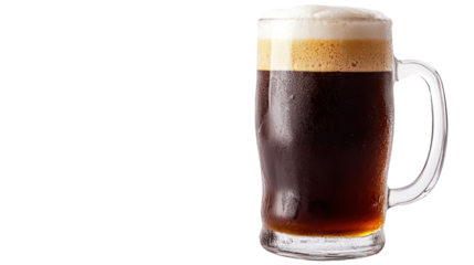 A frosty glass of dark beer with a rich foam head, perfect for displaying an inviting atmosphere for social gatherings and celebrations.