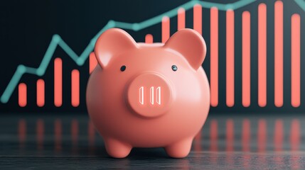 A pink piggy bank sits in front of a rising graph, symbolizing savings, financial growth, and investment strategies.