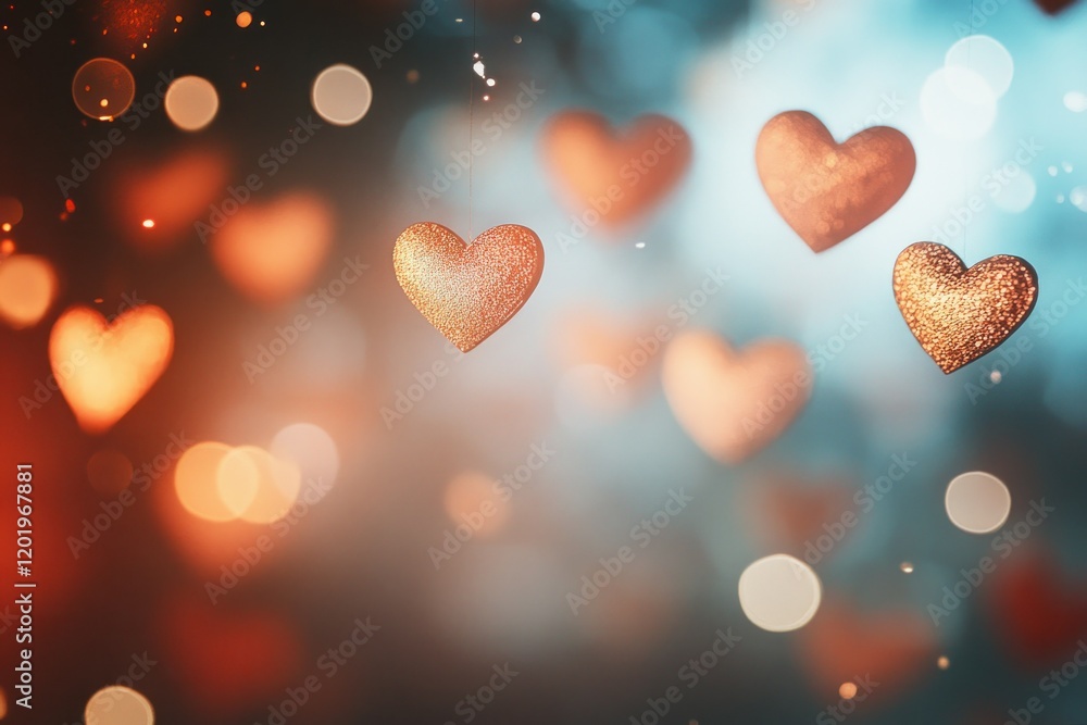 Poster sparkling hearts on a bokeh background
