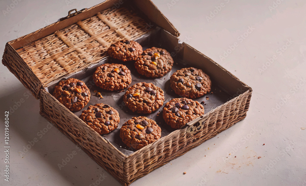 Poster A basket of cookies is sitting on a table. The cookies are chocolate chip and are arranged in a neat row