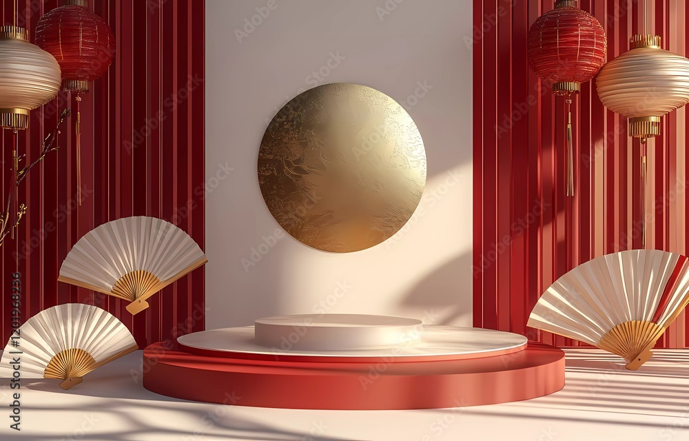 Poster 3d vector podium scene for product display with a chinese new year background, featuring a red and g
