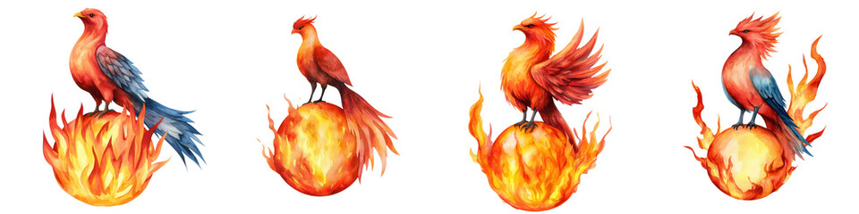 Fototapeta premium A series of stylized phoenixes, each depicted with vibrant flames and intricate details, symbolizing rebirth and transformation.