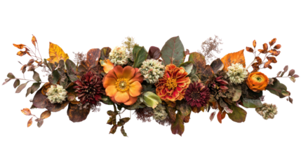 A vibrant arrangement of autumn flowers and foliage, featuring warm colors and varied textures, perfect for seasonal decor or nature-inspired design.