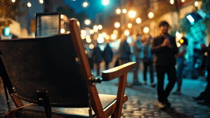 Close-up of a director's chair on set, with movie lights and crew in the background. The focus is on the seat. The scene is set outdoors at night under streetlights,