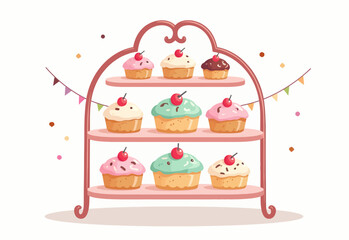 Cute Kawaii Cake Stand Cupcakes Pastel Simple Illustration Flat Vector White Background No Shadows Soft Lines Flat Design Afternoon Tea
