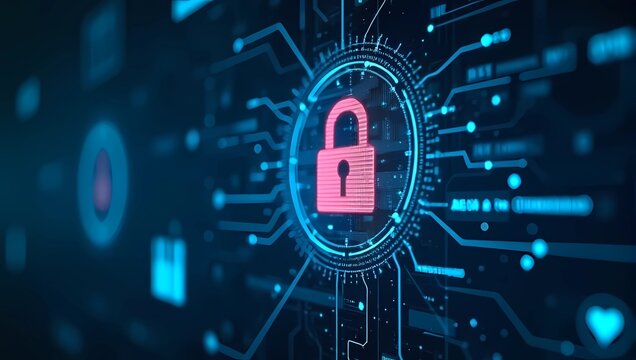 A digital lock icon, cyber security tech network data protection, virtual dashboard. Online internet authorized access against cyber threats, privacy business data concept