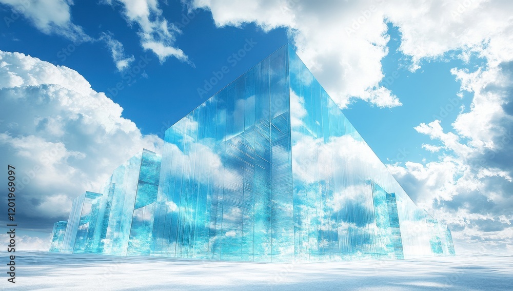 Poster abstract reflection of clouds and sky in a transparent structure under a bright blue sky with fluffy