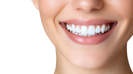 A close-up portrait of a smiling woman showcasing her perfect white teeth, exuding happiness and confidence, ideal for health and beauty concepts.