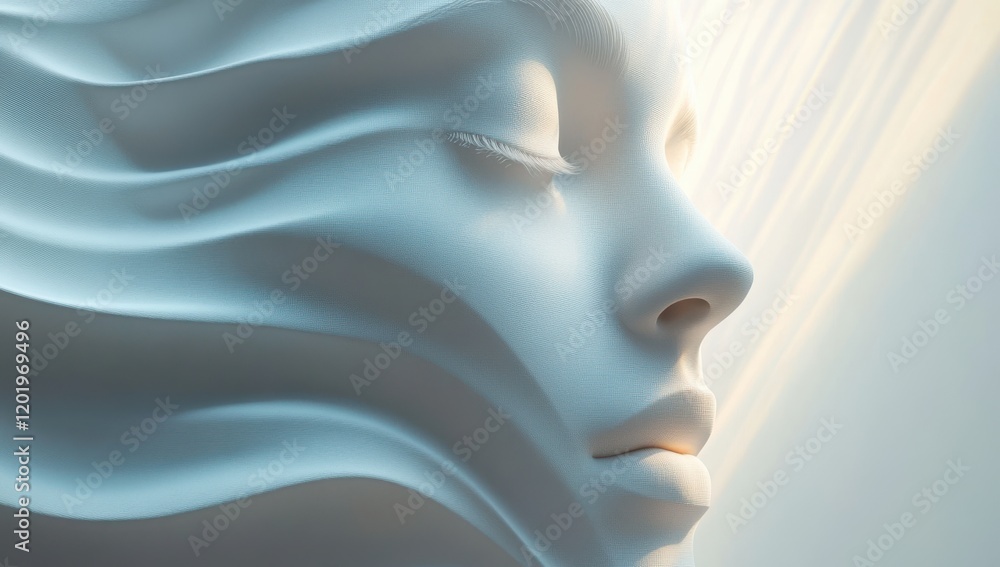 Poster abstract representation of a serene female face with flowing lines and soft light, emphasizing tranq