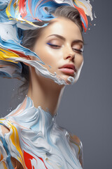 Naklejka premium Bodyart, schöne junge Frau mit leuchtenden Farben bemalt, Körperkunst, Generative AI