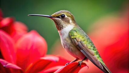 Fototapeta premium A close-up shot of a delicate hummingbird perched on a bright red flower petal, nature macro, insects, natural world, vibrant colors, flower petals