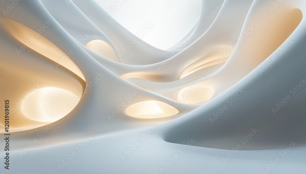 Poster abstract soft curves of white and cream surfaces with gentle light emitting from unique openings in 