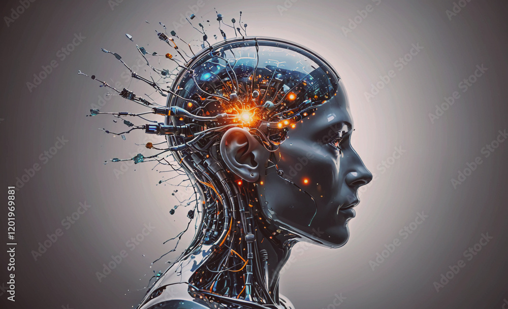 Aufkleber A woman's head is shown with a lot of wires and circuitry. The image is a representation of the brain and its complex network of neurons. Scene is one of curiosity and wonder