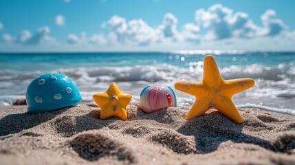 Seaside serenity captured with playful beach toys on soft sand against a calming ocean backdrop