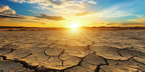 Cracked, dry desert ground at sunset, with dramatic golden light and scattered clouds in the sky, evoking themes of drought, climate change, and resilience.