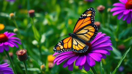Naklejka premium A stunning monarch butterfly rests its wings on a rich purple flower surrounded by vibrant green foliage in a meadow, greenery, monarch butterfly, purple flower