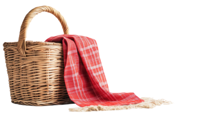 A woven basket with a red plaid blanket draped over the side, perfect for picnics or cozy outings, combining nature and comfort in one image.