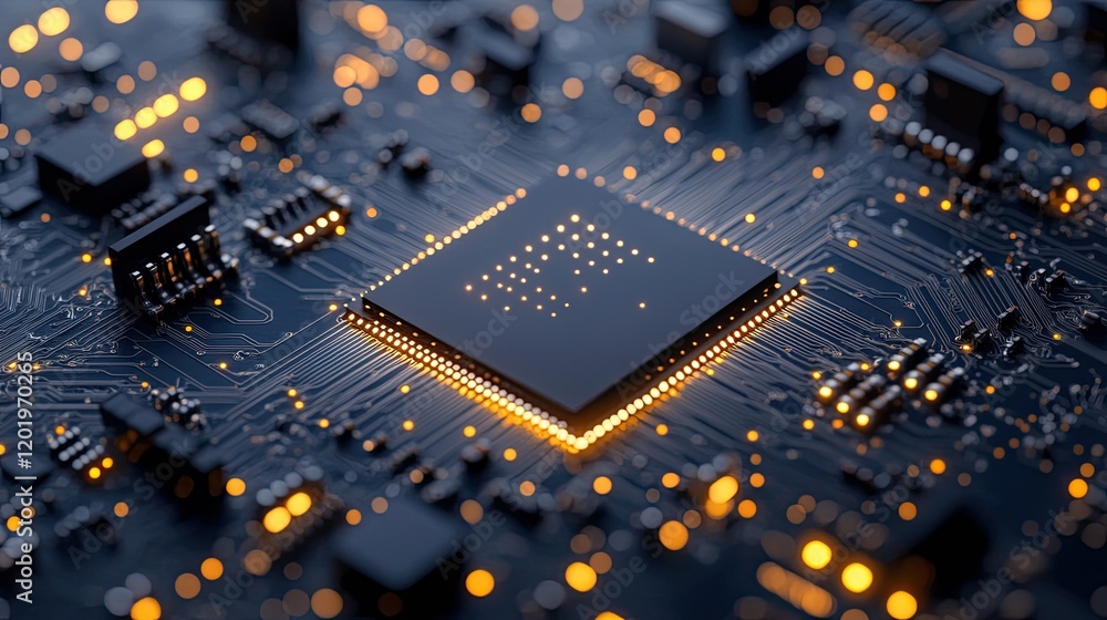 Poster integrated circuit with lights and stars in a digital space -