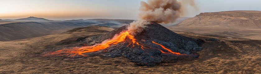 Active Volcano Eruption with Flowing Lava in a Rugged Landscape at Dusk - Suitable for Educational or Nature Documentary Use
