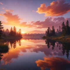 Obraz premium A stunning sunset over a peaceful lake reflecting the colorful sky, landscape, peaceful, sunset