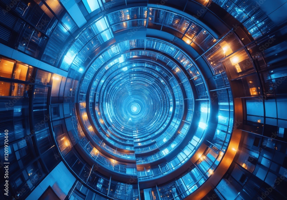 Poster abstract view of a modern architectural spiral, showcasing a mesmerizing blend of blue and orange li