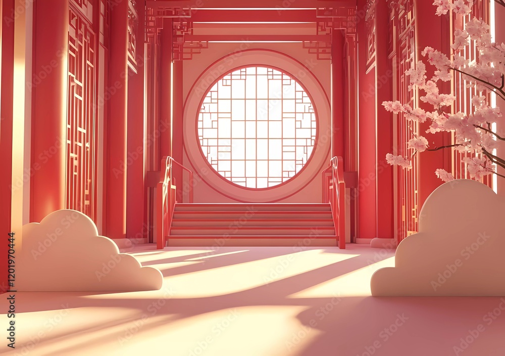 Poster chinese-style background, a pink and gold color scheme, and a minimalist design with a circular wind