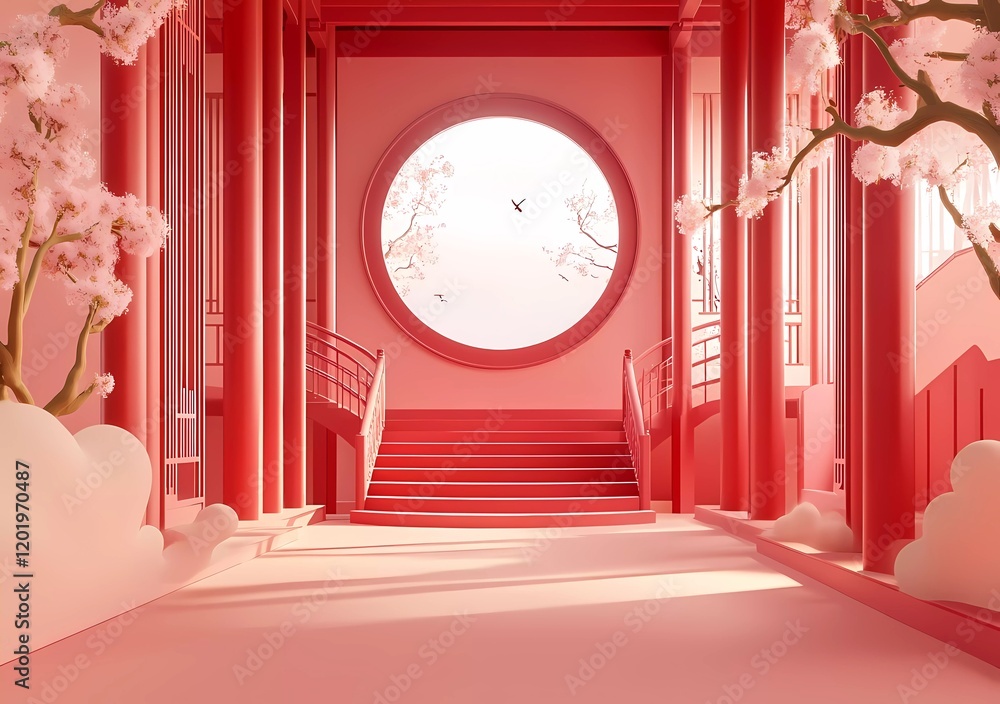 Poster chinese-style background, a pink and gold color scheme, and a minimalist design with a circular wind