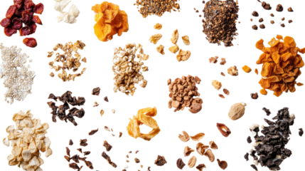 An artistic arrangement of various dried fruits, seeds, and nuts showcasing their diverse colors, textures, and health benefits for culinary inspiration.