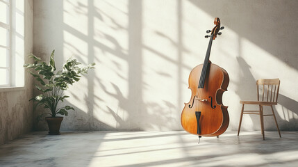 cello stands in sunlit room beside chair and plant
